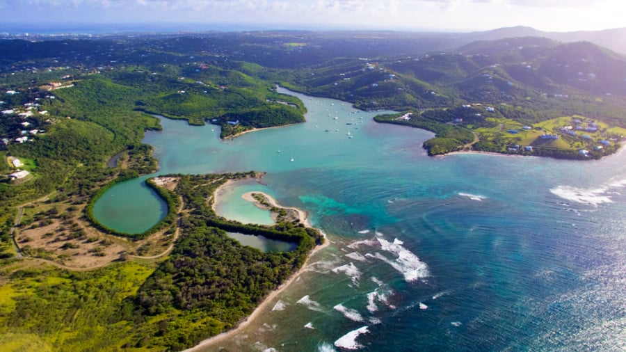 Aerial view of the bioluminescent bay and Columbus Landing Site at Salt River Point