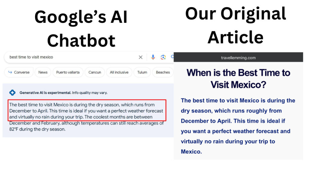 Comparison of AI Search Result vs Travel Lemming original content