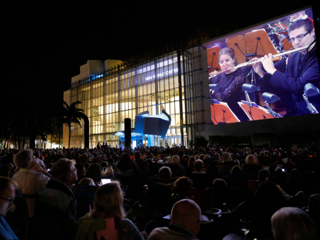 People watching a Wallcast concert outside the New World Center