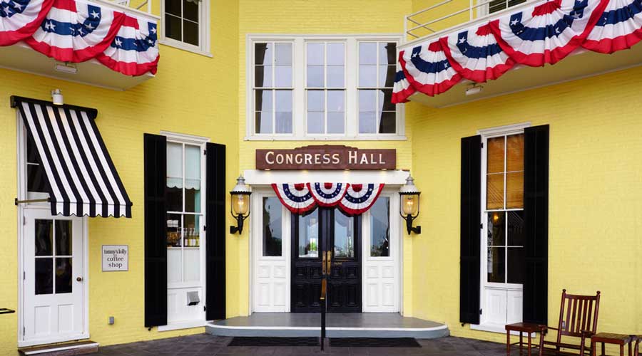 View of the entrance to Congress Hall in Cape May