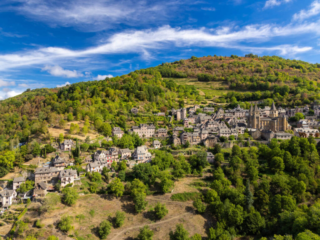 Aerial view of a village in Conques-en-Rouergue