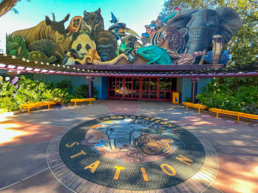 Entrance to Conservation Station zoo adorned with animal decorations