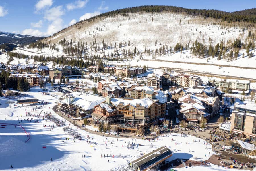 Aerial view of winter recreation and sports in Copper Mountain