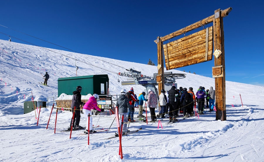View of people waiting in line for a ski lift in Copper Mountain