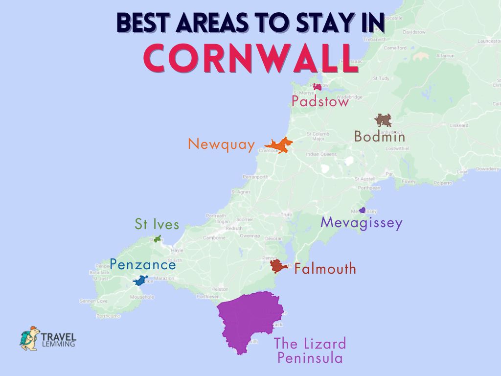 A graphic map that shows the best areas to stay in Cornwall