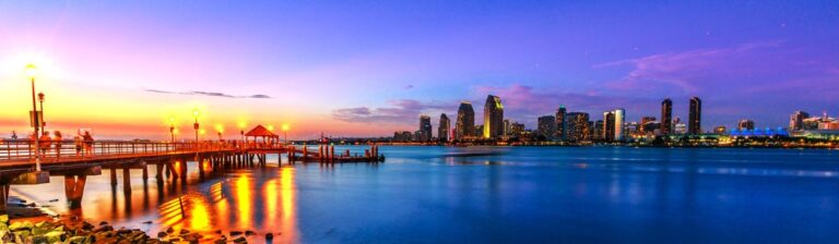 Panoramic view of the Coronado Old Pier and the colorful sky at sunset