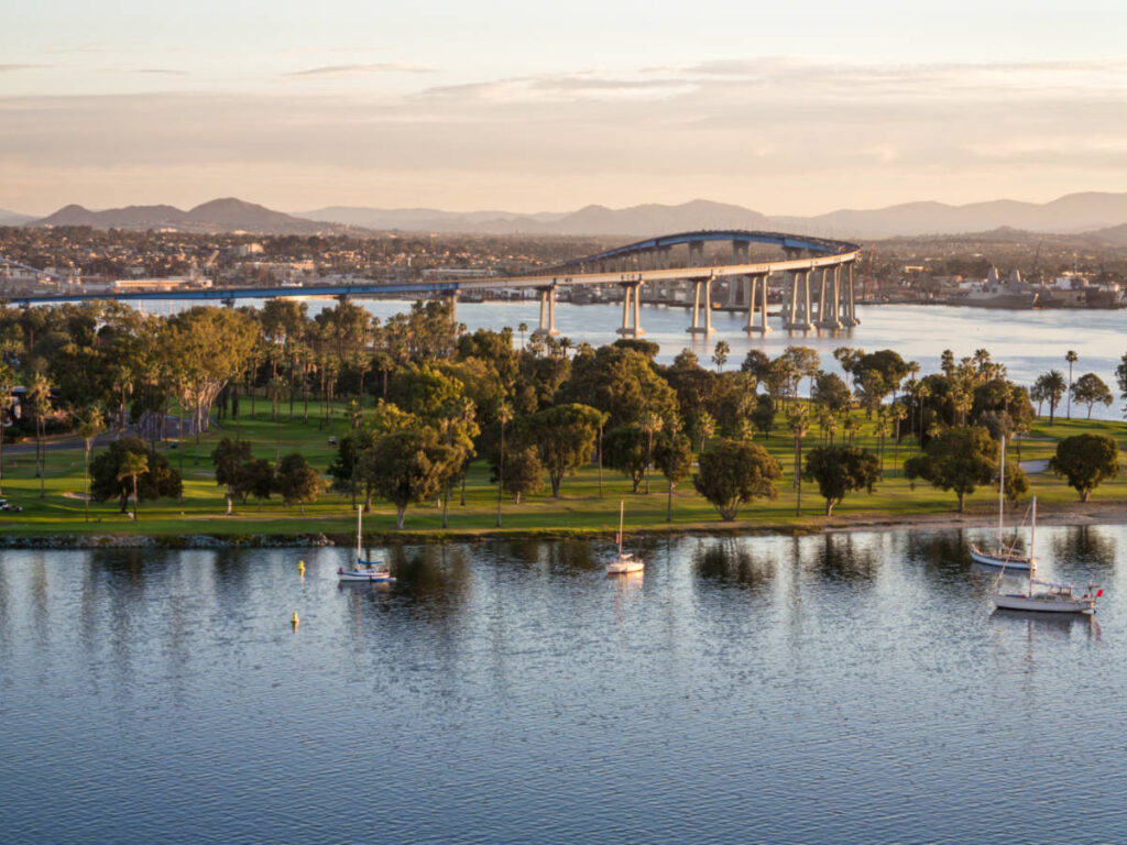 Aerial view of the bridge, bay, and village in Coronado