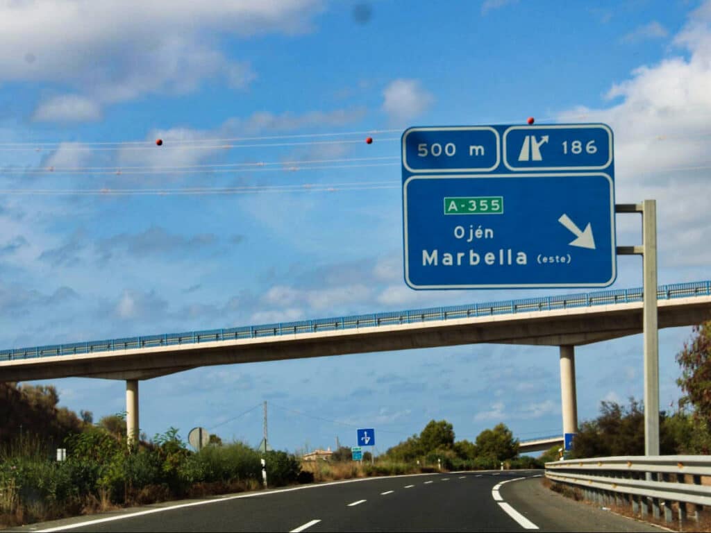 Closeup view of the road signage leading to Marbella from Costa Del Sol road
