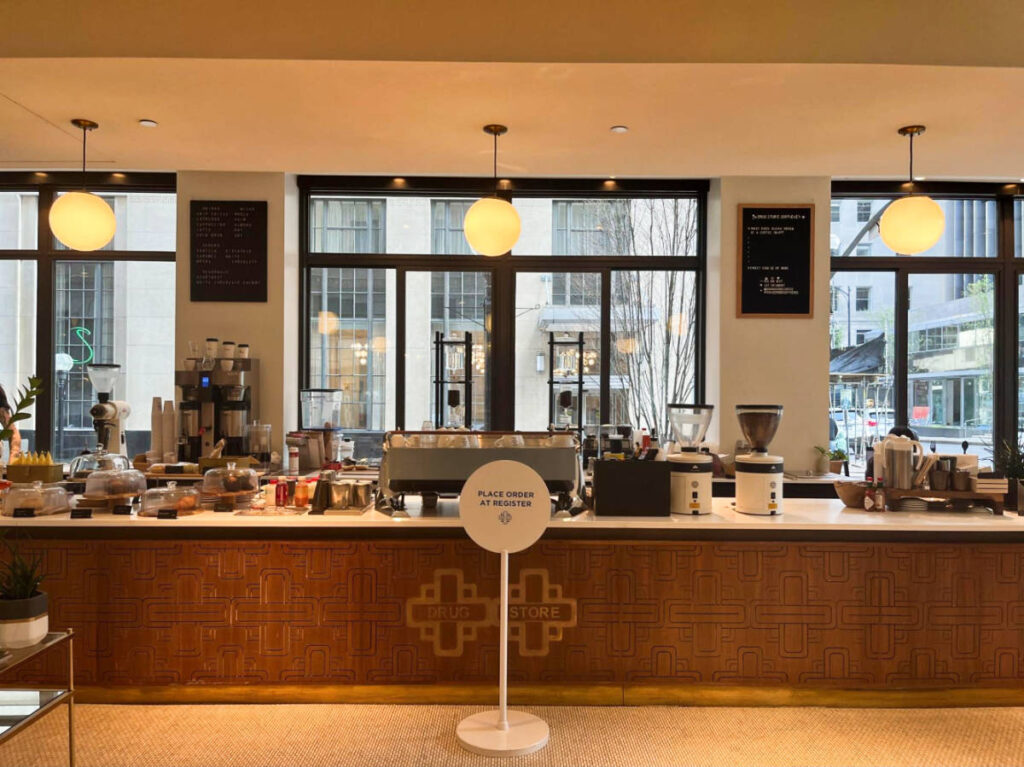The counter inside the Drug Store Coffee