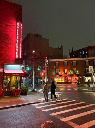 A couple with a dog crossing the pedestrian in 8th Avenue at night