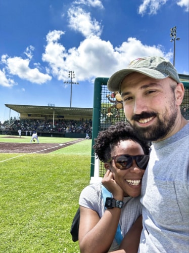 The author Chelsea Booker and her husband at beer garden section of the stadium