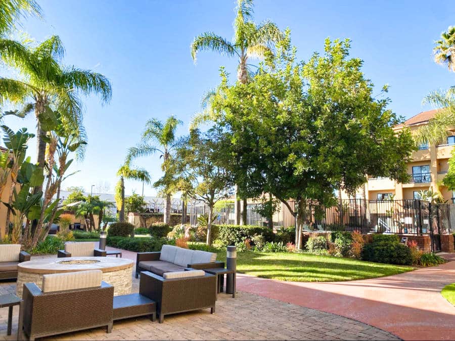 View of the seating area at the patio of Courtyard Costa Mesa