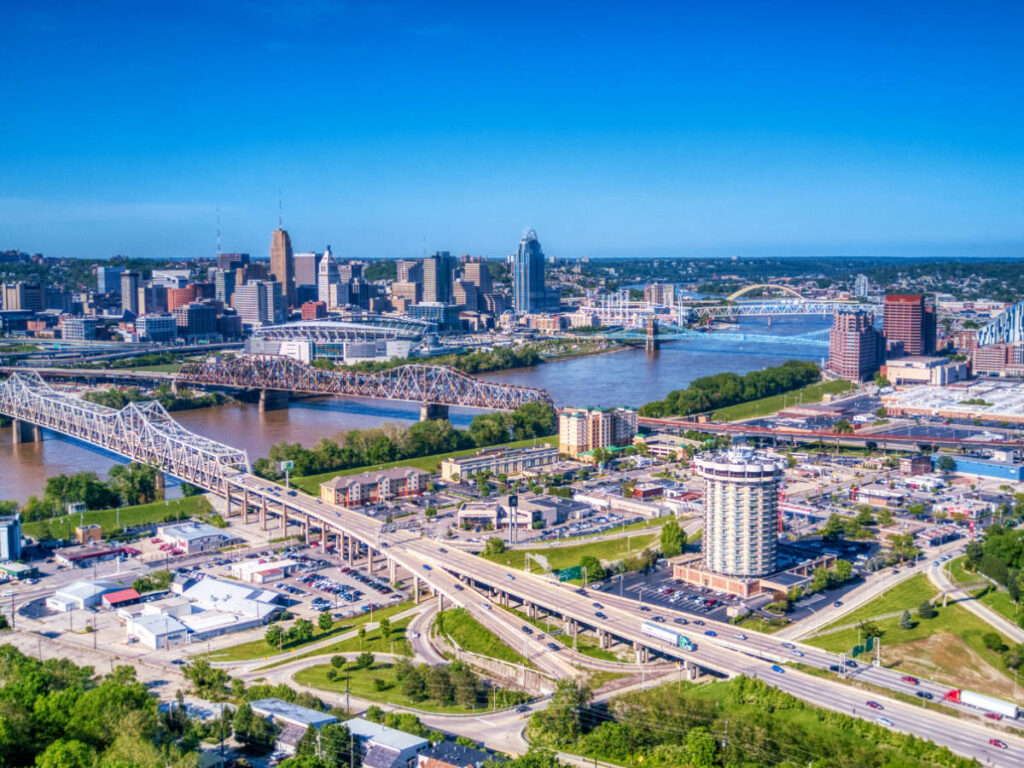 Clear blue sky over Covington and Cincinnati