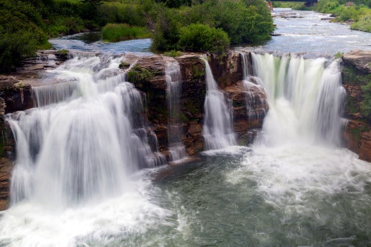 Aerial view of Lundbreck Falls in Alberta along the Cowboy Trail.