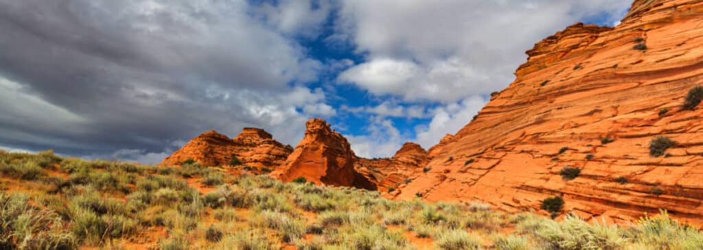 Panoramic view of the Coyote Buttes at the Vermillion Cliffs Recreation Area on a gloomy day