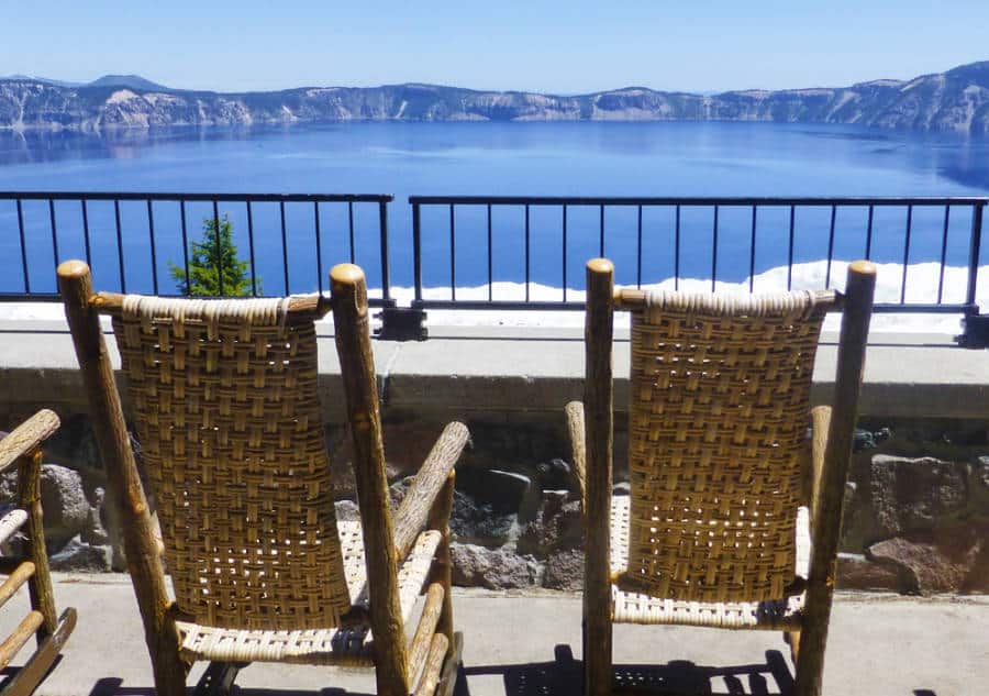 View of a rocking chair at the Crater Lake Lodge with a view