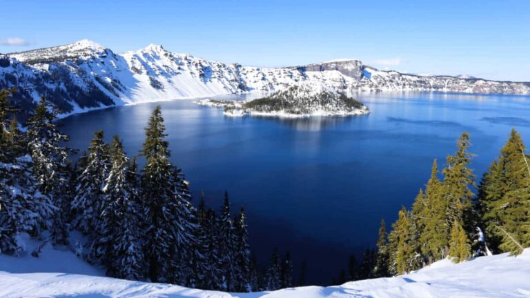 Panoramic view of the scenic Crater Lake National Park in winter