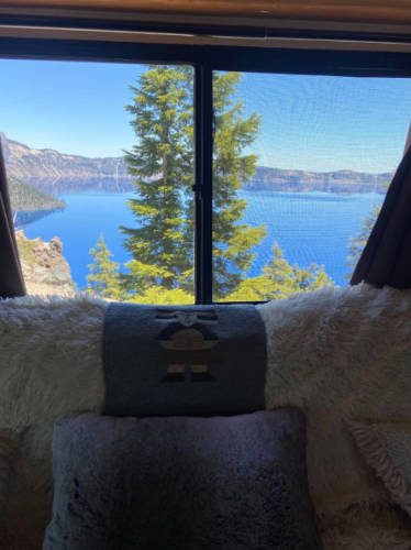 View of the Crater Lake from the inside of McKenna Mobley's motorhome