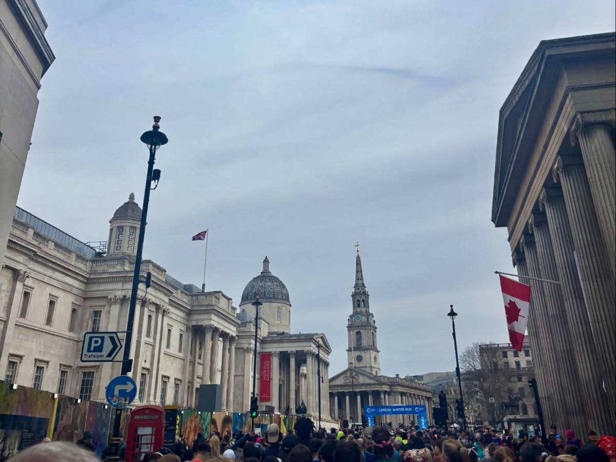 View of the crowd outside the National Gallery