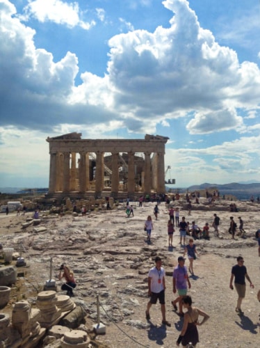 View of the crowd wandering around Athens Acropolis