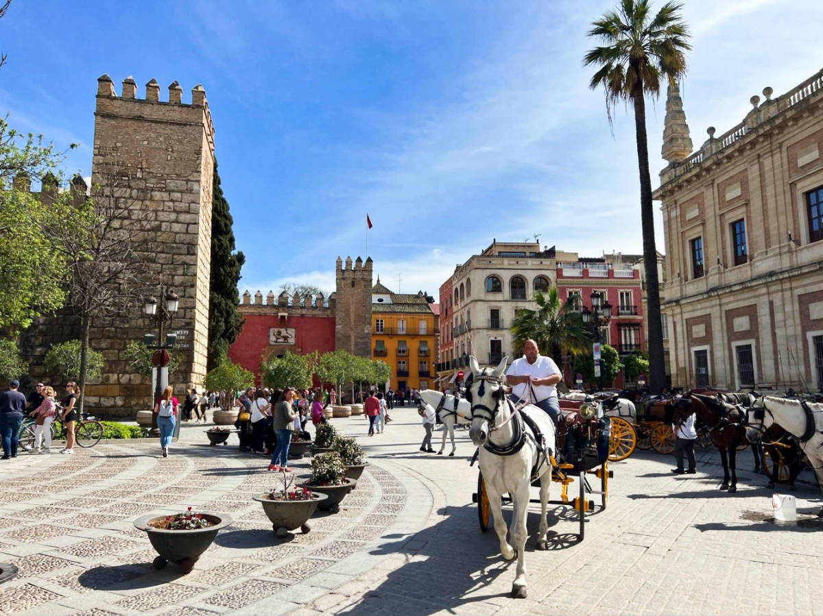The crowd and the horse carriages at Barrio de Santa Cruz