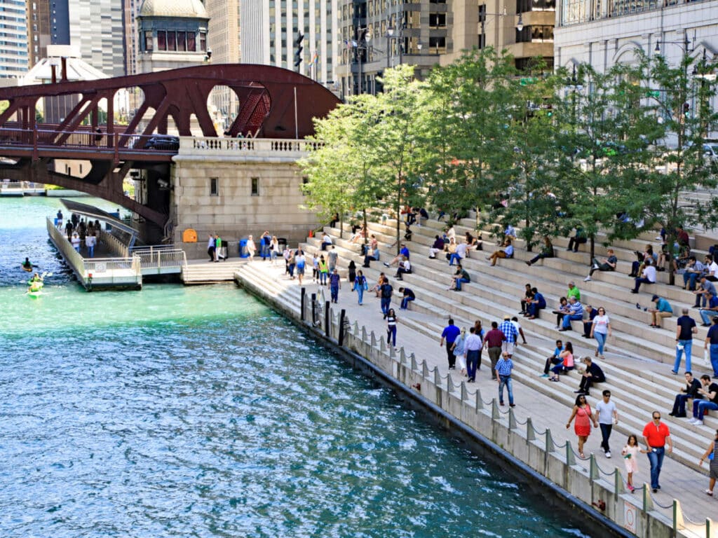 View of the crowd chilling at the Chicago Riverwalk