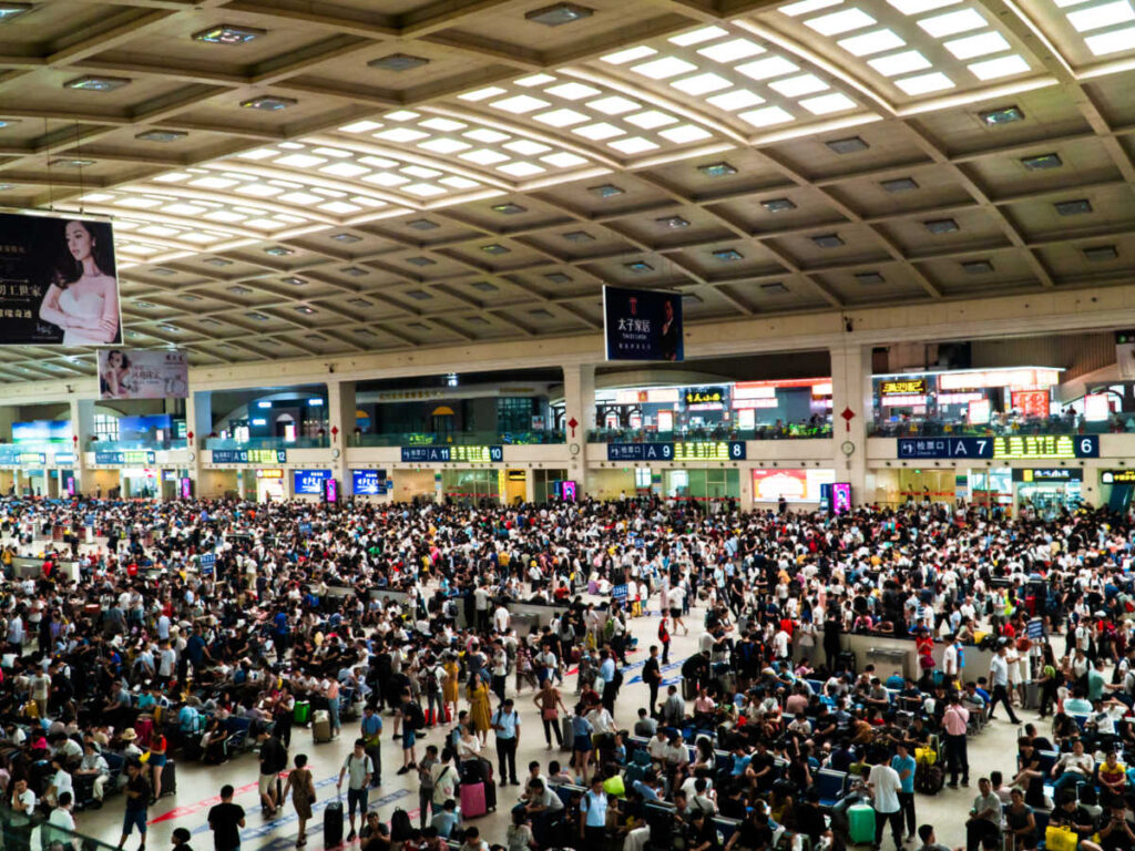 Overlooking view of the crowd at the railway station in China