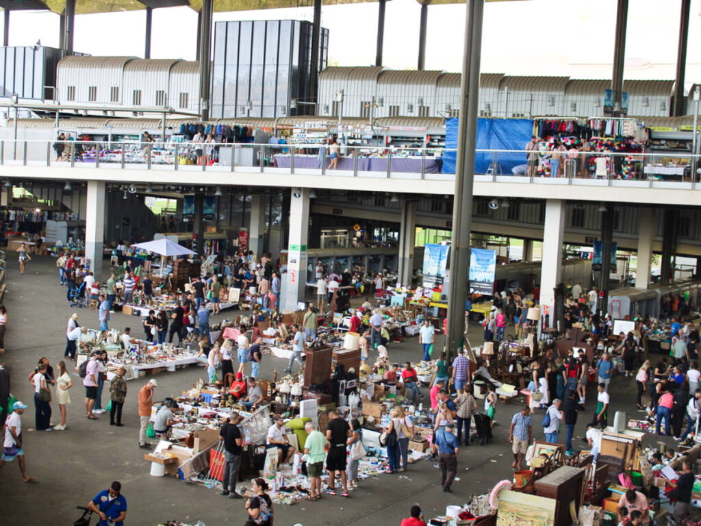 Overlooking view of the crowd shopping around, seen from the upper floor at Encants Market