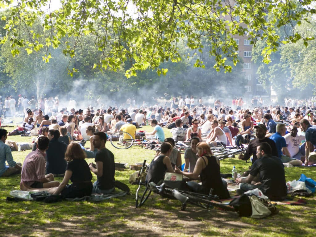 View of the crowd gathering in London Fields