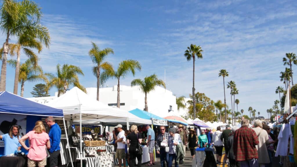 View of the people wandering around the stalls and tents at the Oceanside Farmer’s Market