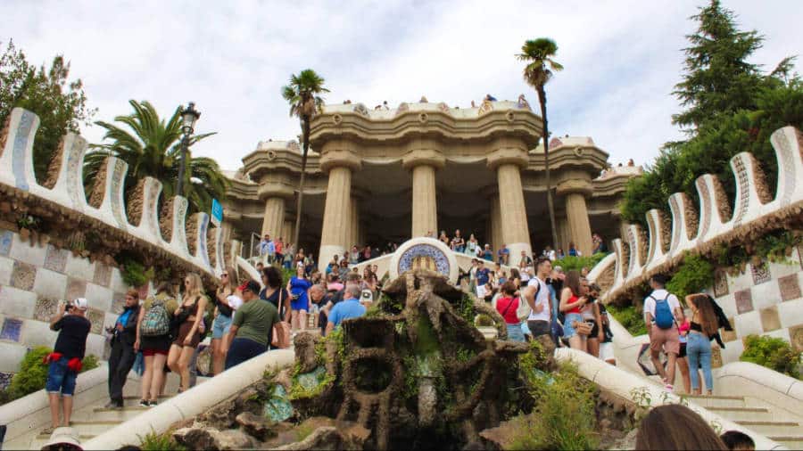 View of the tourists walking around Park Guell