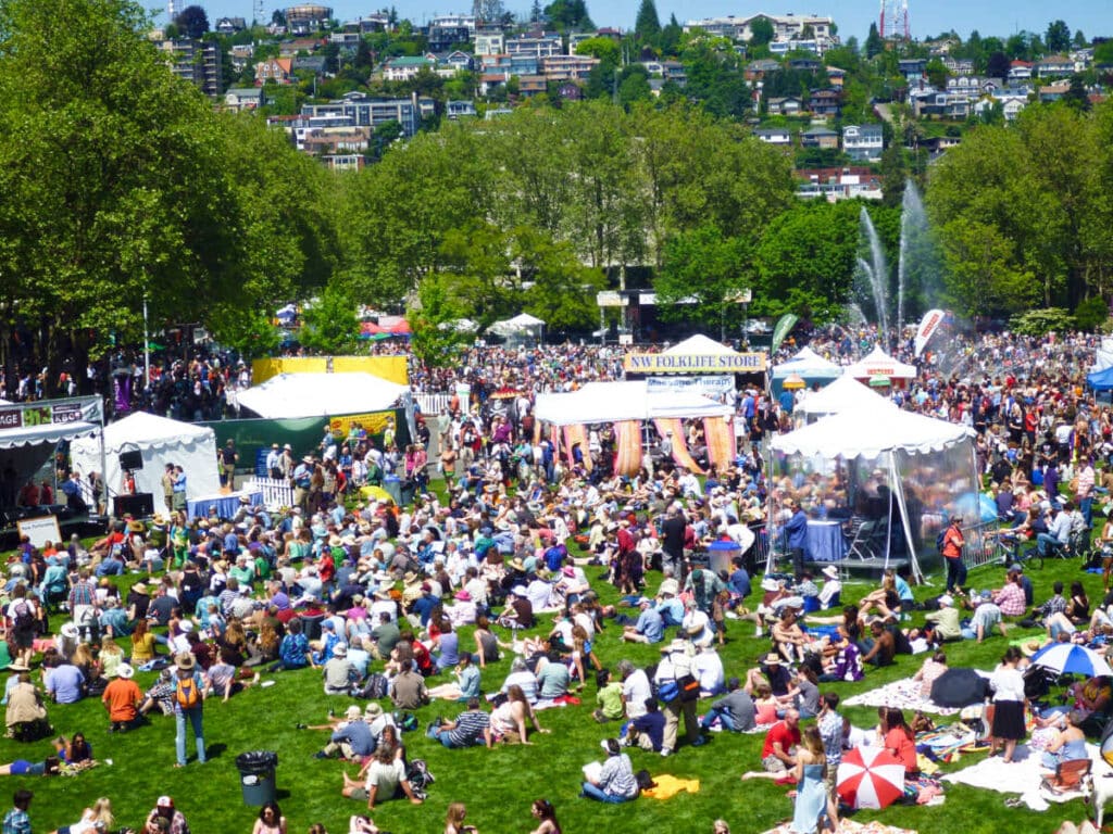 View of the crowd at the Northwest Folklife Festival on a sunny day