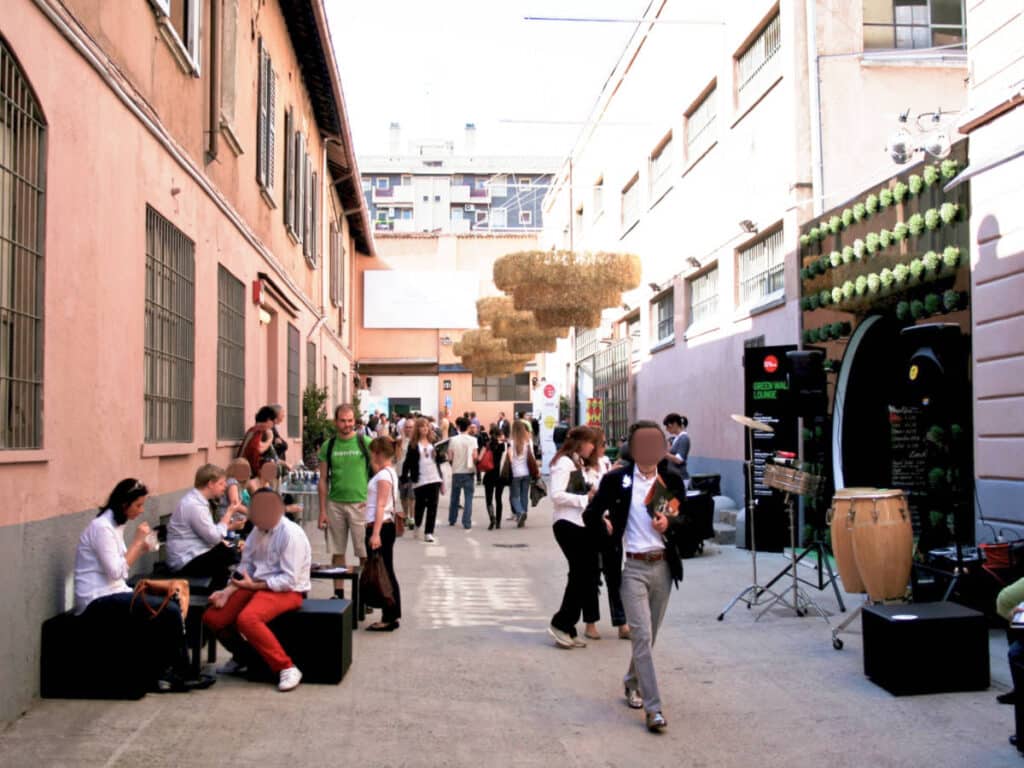 View of the people wandering around the fashion district of Zona Tortona