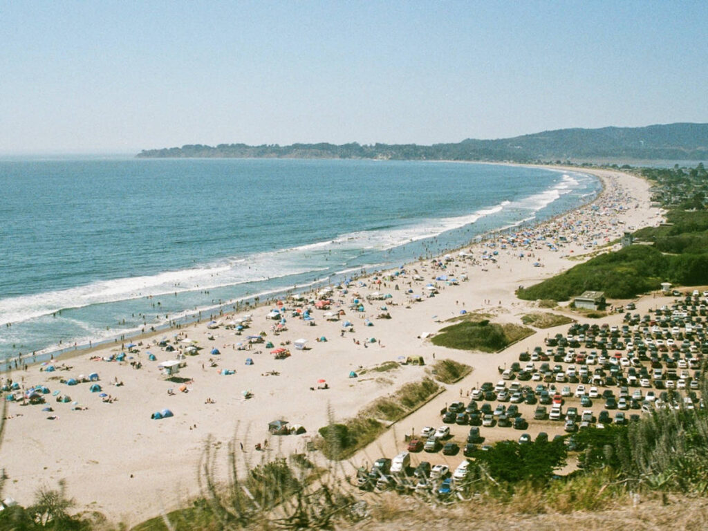 Aerial view of the crowded Stinson Beach in summer