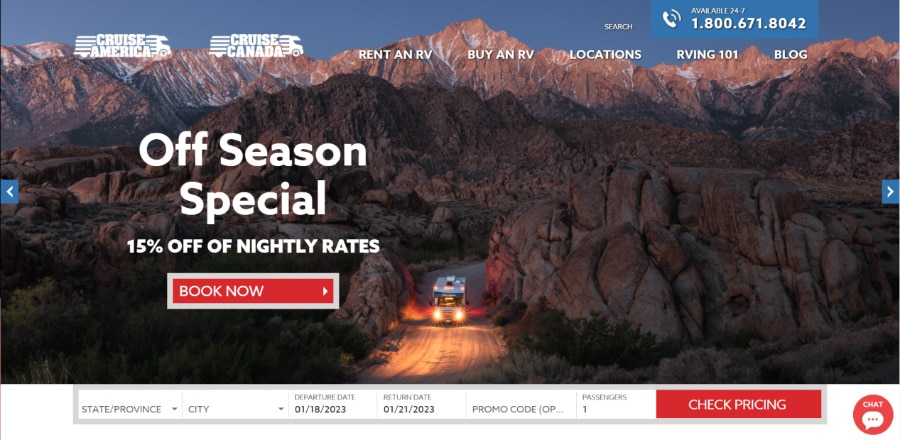 The user interface of Cruise America homepage with a camper van passing the rocky tunnel