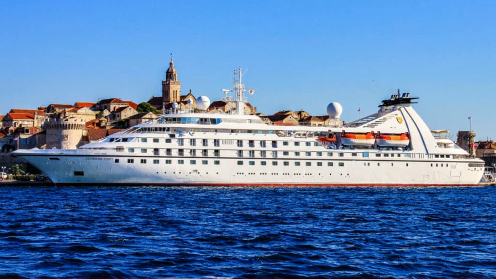View of the Seabourn Spirit Cruise Ship at Korcula with a clear blue sky in the background