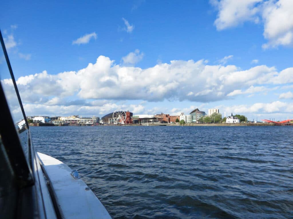 View of the city skyline from the boat on Cardiff Bay