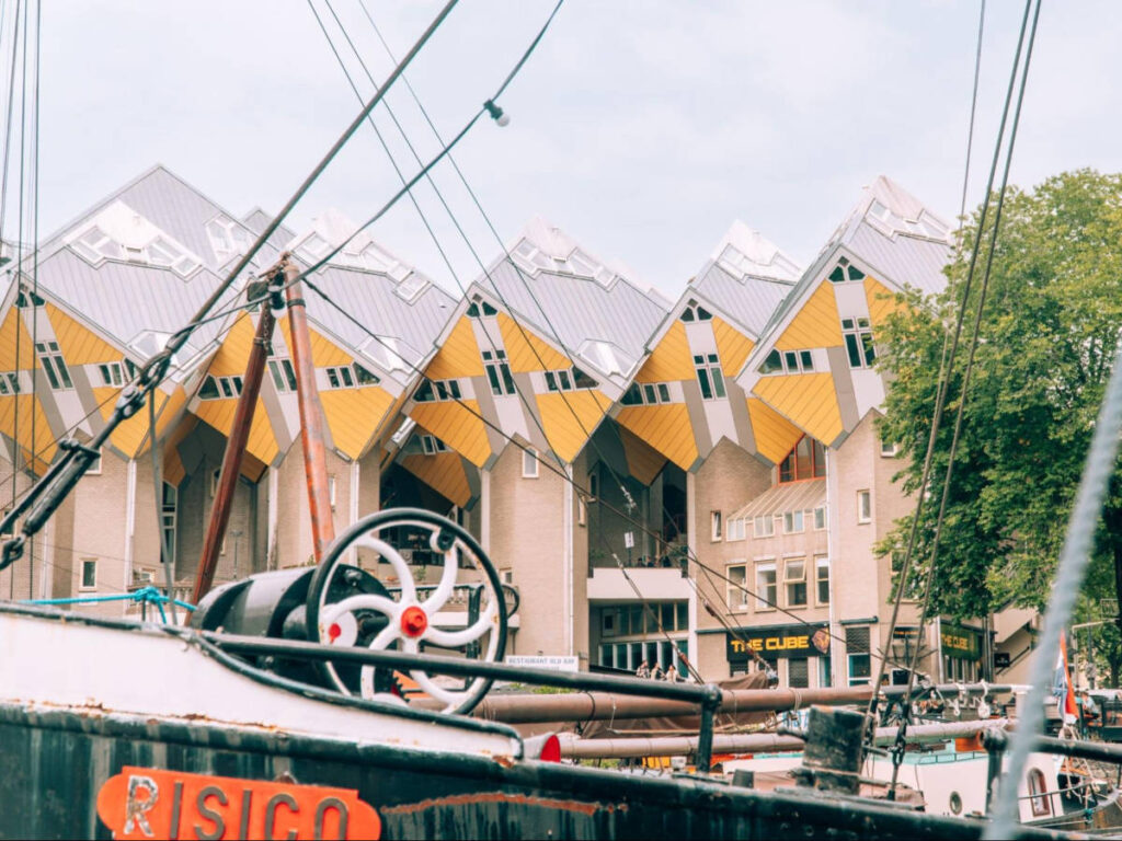 View of the famous cube homes along the old harbor