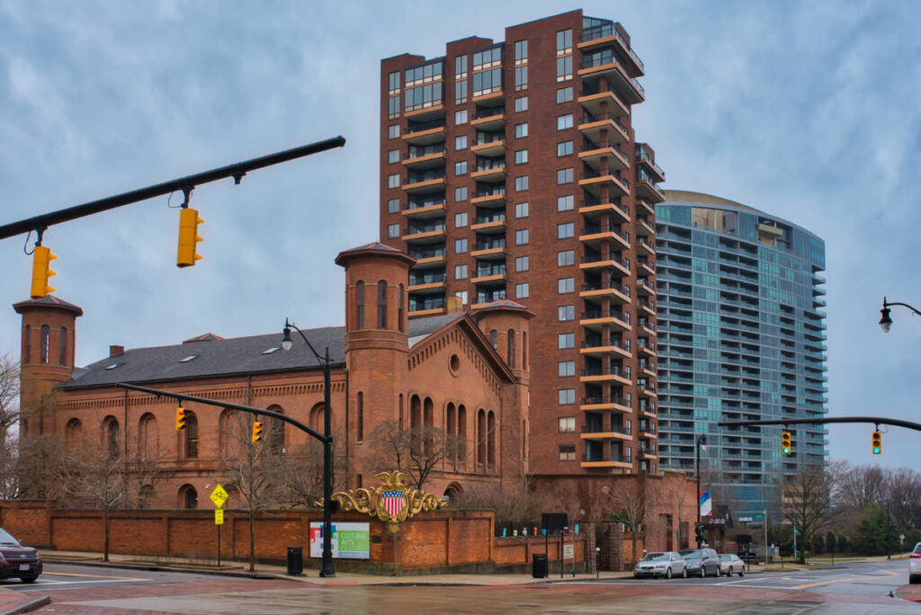 The Cultural Arts Center building at the corner of the street