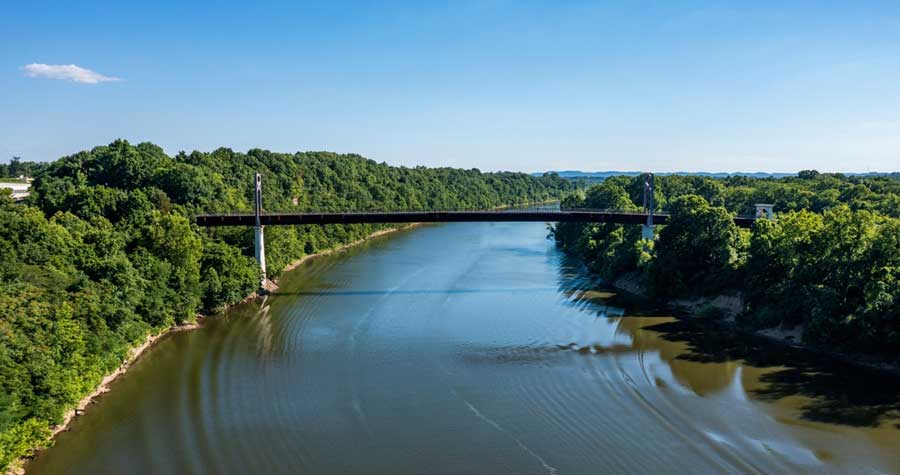 Aerial view of the Cumberland River Pedestrian Bridge