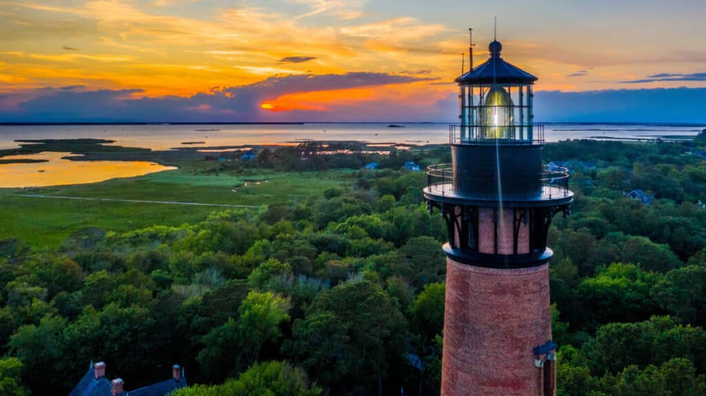 Colorful sky over the Currituck Beach lighthouse during sunset