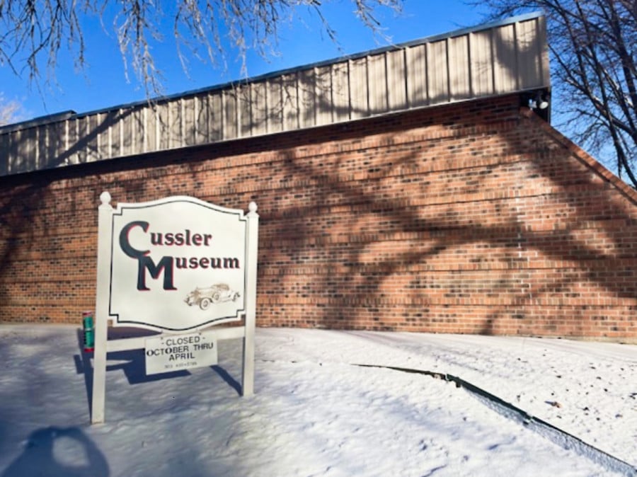 View of the landmark signage of Cussler Museum outside