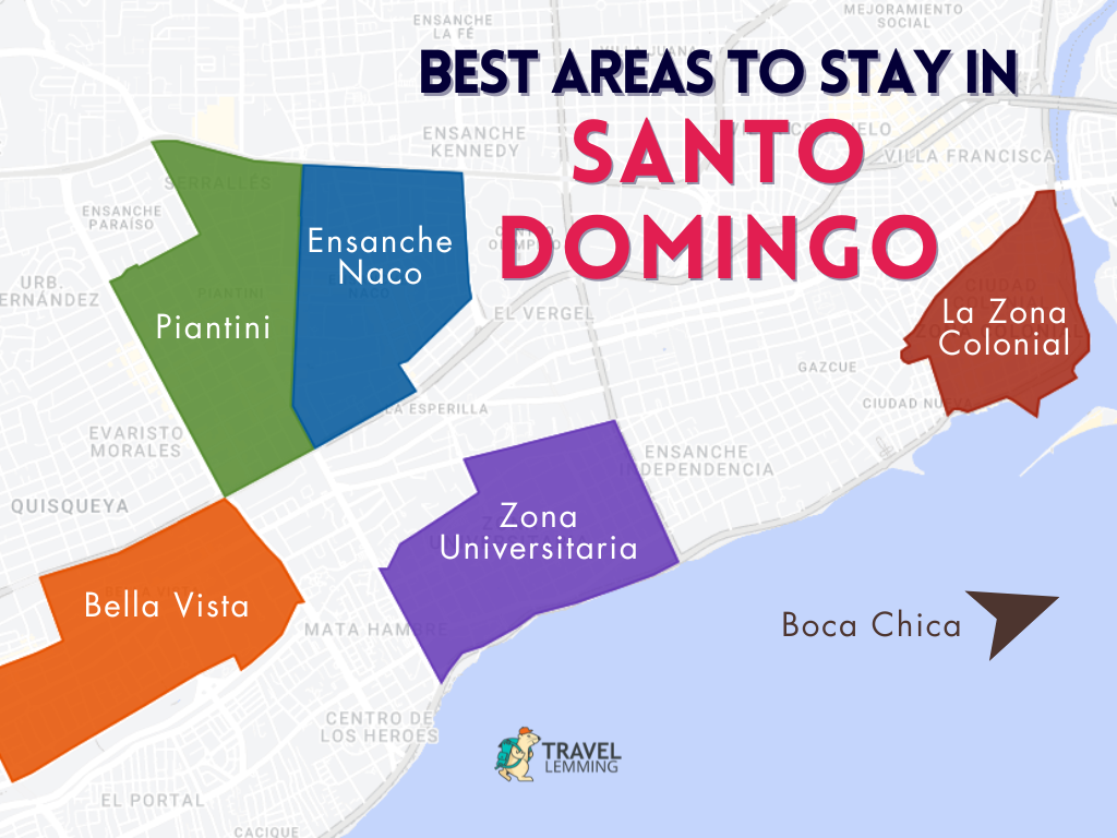 A graphic map that shows the best areas to stay in Santo Domingo