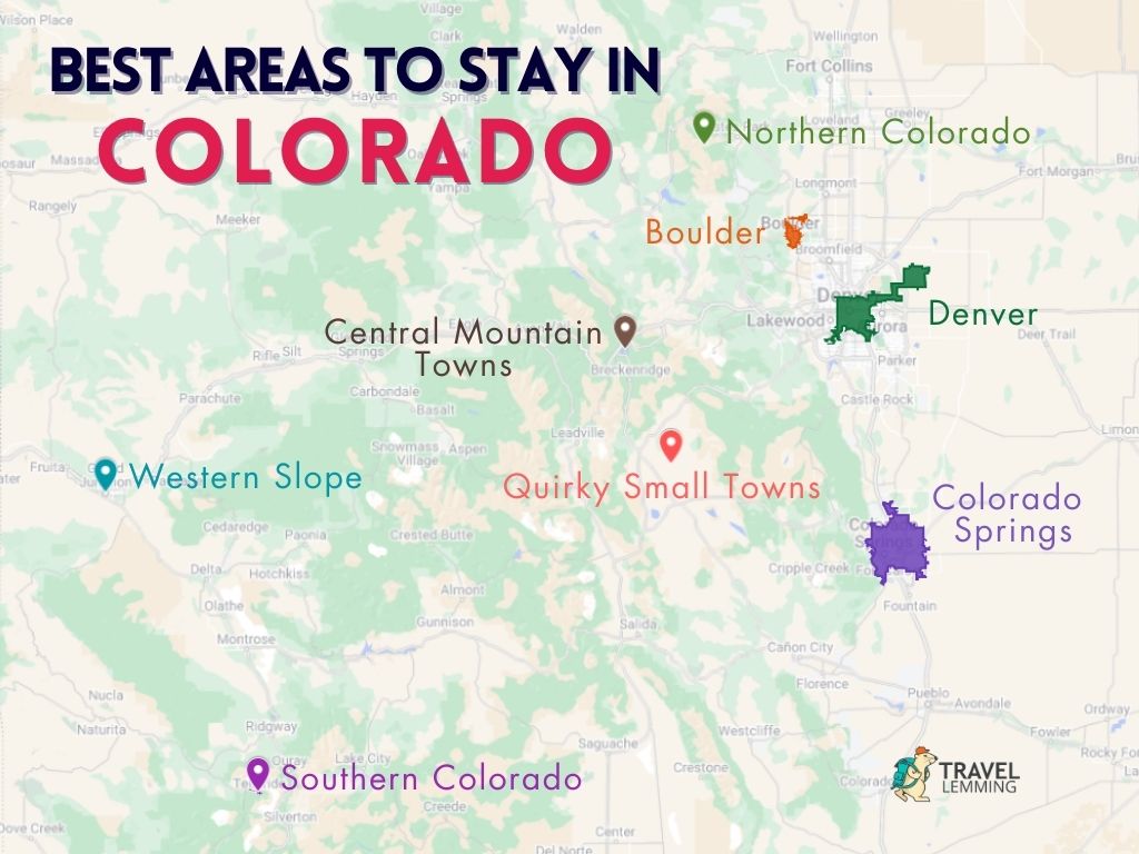 A graphic map that shows the best areas to stay in Colorado