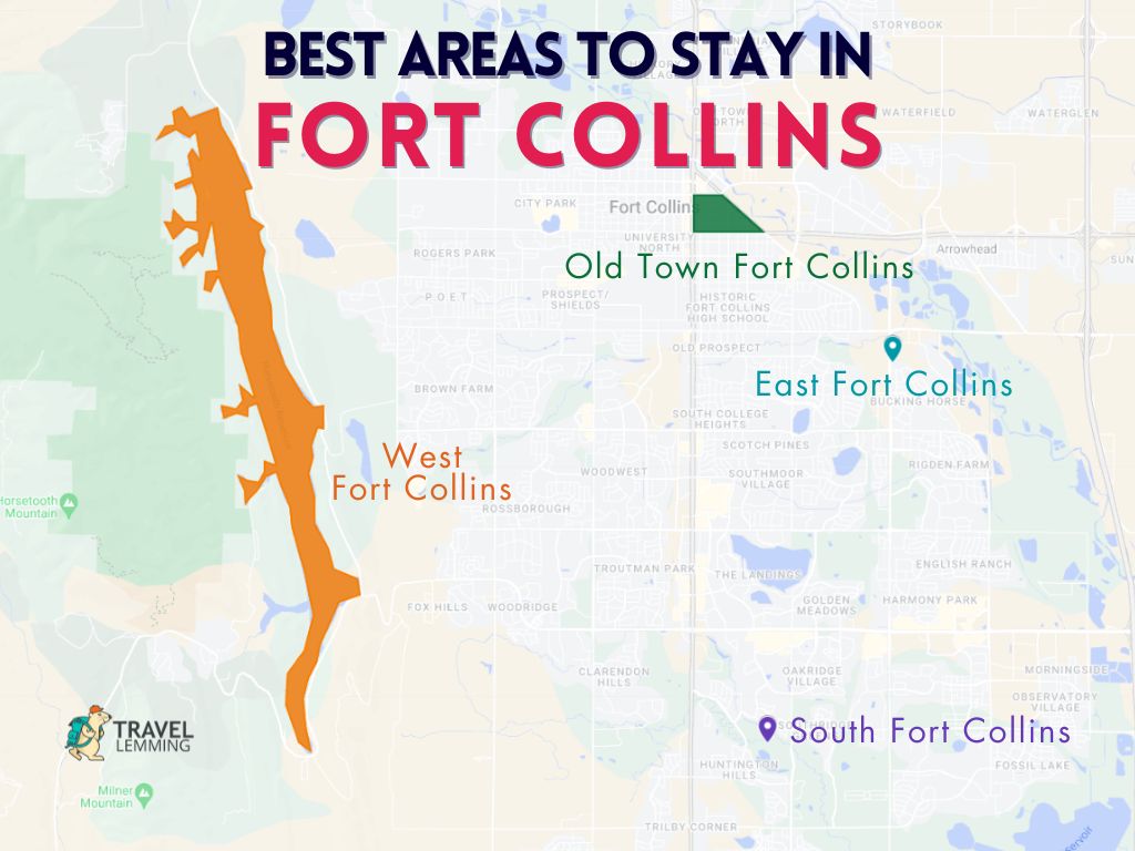 A graphic map that shows the best areas to stay in Fort Collins