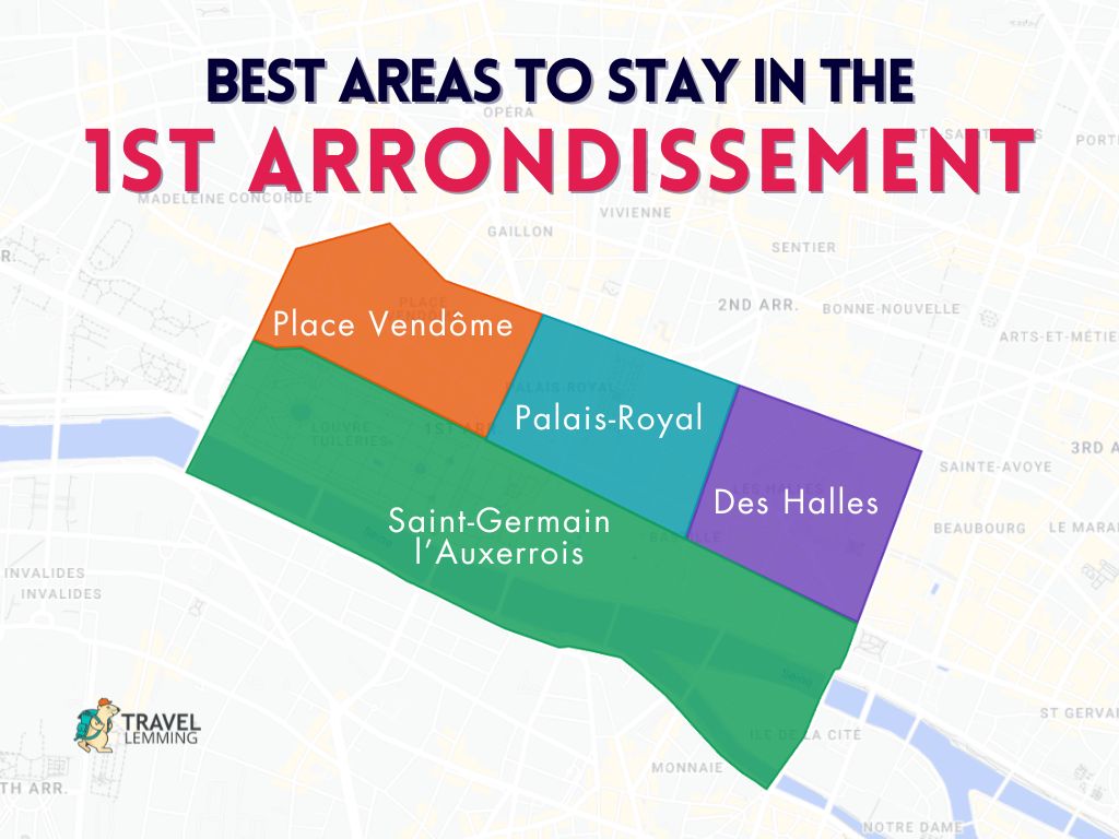 A graphic map that shows the best areas to stay in the 1st Arrondissement