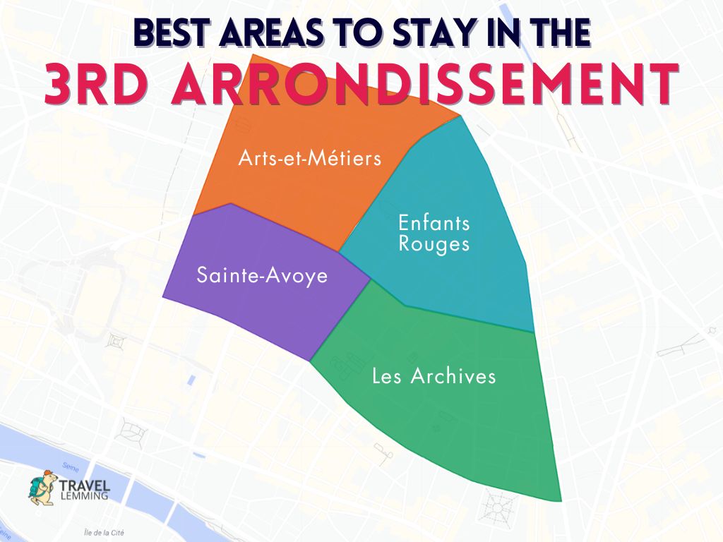 A graphic map that shows the best areas to stay in the 3rd Arrondissement