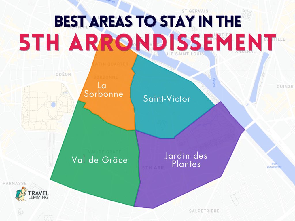 A graphic map that shows the best areas to stay in the 5th Arrondissement