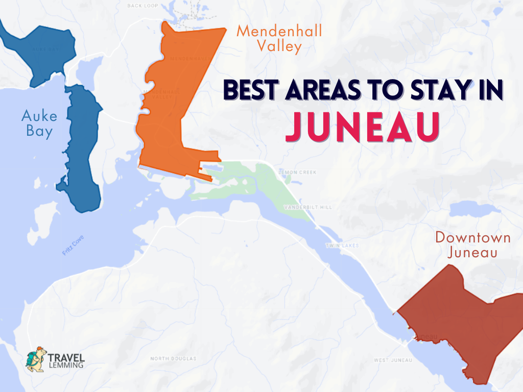 A graphic map that shows the best areas to stay in Juneau