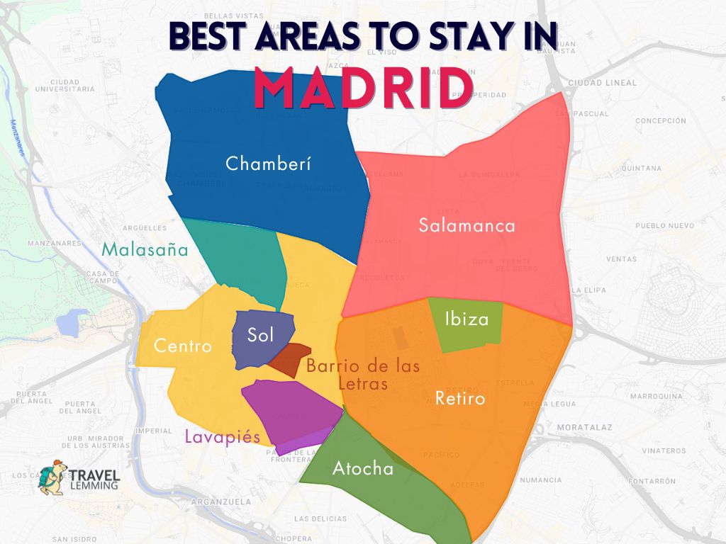 A graphic map that shows the best areas to stay in Madrid